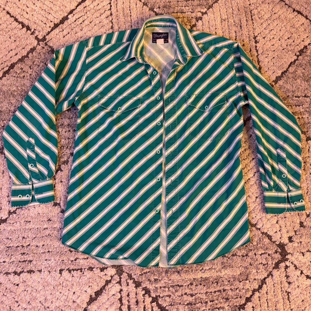 Vintage Wrangler Teal and White Striped Western Shirt